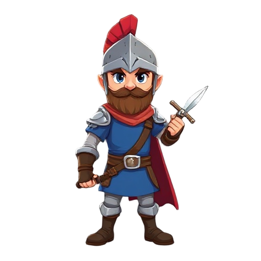 a warrior with a blue shirt, with the knight's helmet ,and a sword, and in the tiny sword asset pack