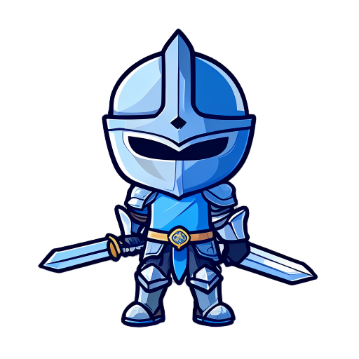 a warrior with a blue shirt, with the knight's helmet ,and a sword, and in the tiny sword asset pack