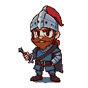 a warrior with a blue shirt, with the knight's helmet ,and a sword, 8-bit video game
