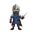 a warrior with a blue shirt, with the knight's helmet ,and a sword, and in the tiny sword asset pack