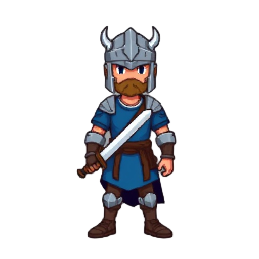 a warrior with a blue shirt, with the knight's helmet ,and a sword, 8-bit video game