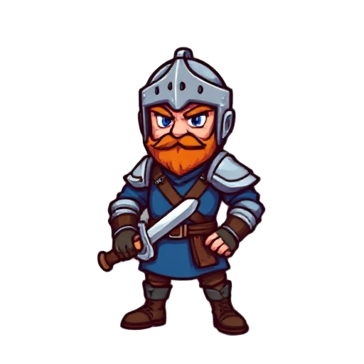 a warrior with a blue shirt, with the knight's helmet ,and a sword, 8-bit video game