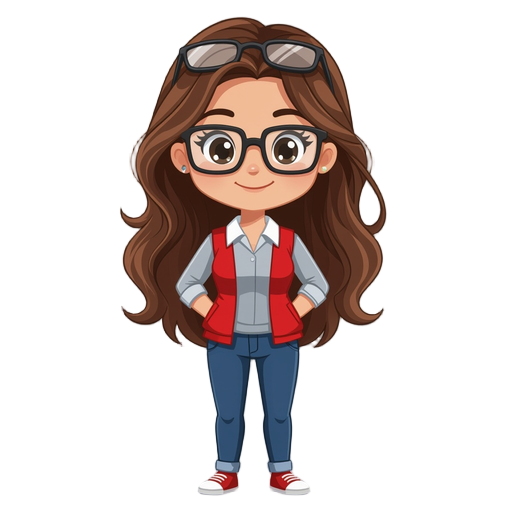 cute nerdy tech girl, long brown hair, glasses placed on top of her hair, wearing a grey blouse with white collar, red vest, and blue pants