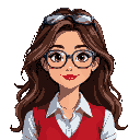 cute nerdy tech girl, long brown hair, glasses placed on top of her hair, wearing a grey blouse with white collar, red vest, and blue pants