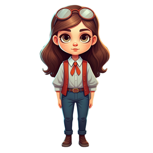 cute nerdy tech girl, long brown hair, glasses placed on top of her hair, wearing a grey blouse with white collar, red vest, and blue pants
