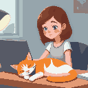 a brown haired girl working on laptop with orange and white cat sleeping on the desk