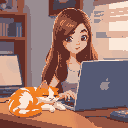 a brown long haired girl working on laptop with orange and white cat sleeping on the desk