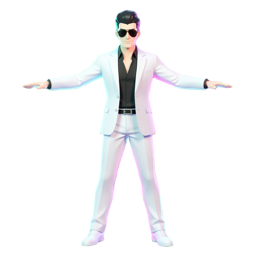 low poly 3d character model of a charismatic german anti-hero man in his early 30s, inspired by japanese action games. he wears a stylish white tailored suit with a black shirt underneath, open collar, no tie. classic pompadour hairstyle with a clean shar