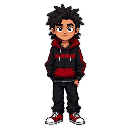 i want a pixel character with the name miles, long curly hair, light skinned, cool black and red hoodie, black baggy jeans, some accessories