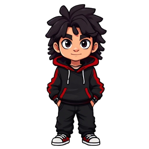 i want a pixel character with the name miles, long curly hair, light skinned, cool black and red hoodie, black baggy jeans, some accessories