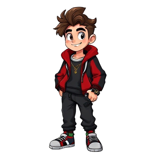 hes name is miles has a long curly brown hair, cool red and black hoodie and a black baggy jeans and some accessories