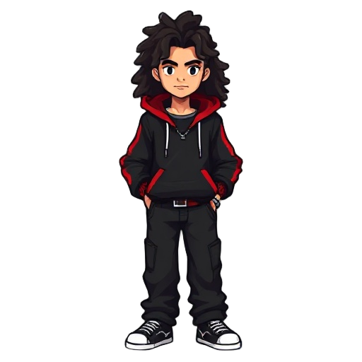 i want a pixel character with the name miles, long curly hair, light skinned, cool black and red hoodie, black baggy jeans, some accessories