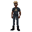 a black man, not very dark, wearing jeans, black boots that shine a little, and a t-shirt that says af1. i want his hair to be light.