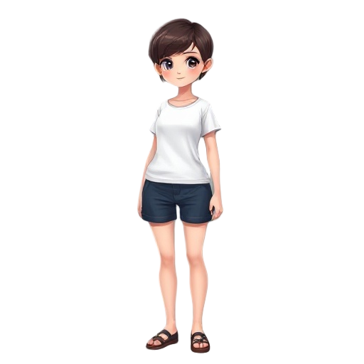 a female character (20 year old) short boycut hairstyle, fair and cute, gold pearcing on the left ear, white t-shirt, dark blue short pant. 