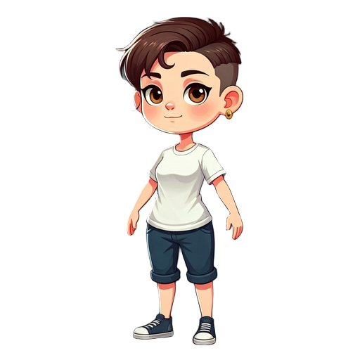 a female character (20 year old) short boycut hairstyle, fair and cute, gold pearcing on the left ear, white t-shirt, dark blue short pant. 