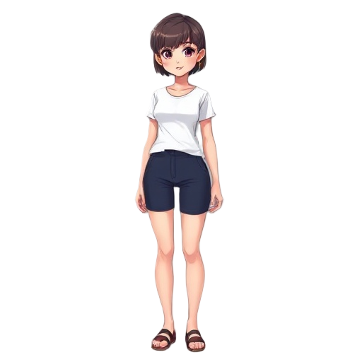 a female character (20 year old) short boycut hairstyle, fair and cute, gold pearcing on the left ear, fit white t-shirt, dark blue short pant. 