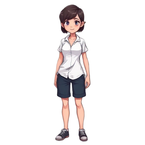 a female character survival of zombie apocalypse, short hair, white shirt, dark blue short pant, fair skin, and pearcing on ear. 