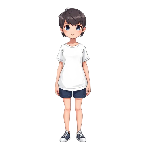 a female character (20 year old) short boycut hairstyle, fair and cute, gold pearcing on the left ear, white t-shirt, dark blue short pant. 