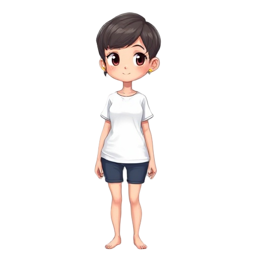 a female character (20 year old) short boycut hairstyle, fair and cute, gold pearcing on the left ear, fit white t-shirt, dark blue short pant, no footwear.