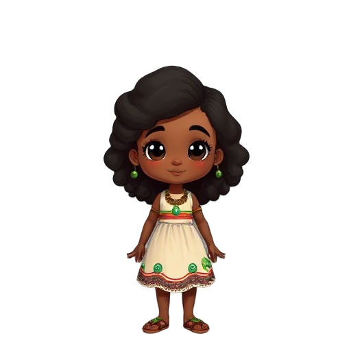 young amazonian girl named ariela, around 5 years old, with medium brown skin, dark curly hair, and large expressive black eyes. she wears a traditional ribeirinho-style dress—knee-length
