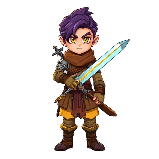 a warriors in real proportion adventurer with a flame sword and a ice sword crossed in back and a medieval fantastic wow style brown and yelow clotes olx tone and grape hair with a scar in tne eye and a brilhante frog yelow eye strong and slim covered by 