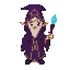 a small apprentice wizard, wearing a deep purple robe with gold trims and a slightly crooked pointed hat. he holds a short wooden staff with a glowing crystal at the tip. his robe flow