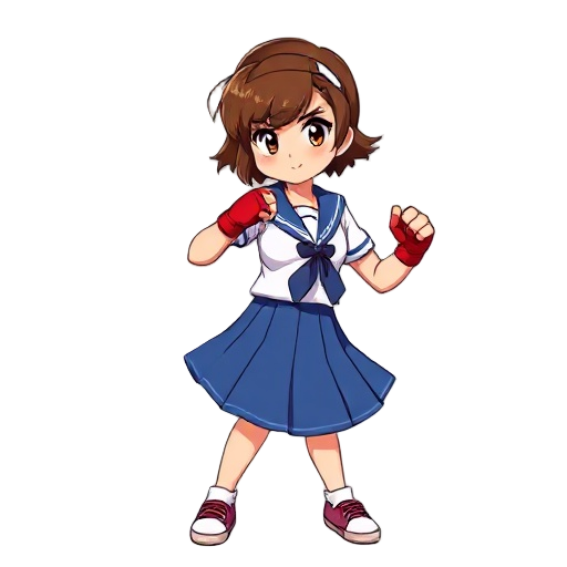 sakura kasugano in cps3 style sprite, full body, sailor uniform, blue skirt, short brown hair, white headband, red fingerless gloves, tomboy, strong, fighting stance, street fighter, sakura, white bac
