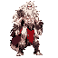 full body, strong man character with long white hair, red eyes, ancient animal skin clothing, somewhat resembling armor. bezeker style.