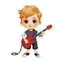 uma criança de 3 anos com cabelo castanho claro, olhos castanho e pele branca. ele está segurando uma guitarra branca no estilo da de james hatfield. e com muita atitude de roqueiro. 