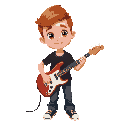 uma criança de 3 anos com cabelo castanho claro, olhos castanho e pele branca. ele está segurando uma guitarra branca no estilo da de james hatfield. e com muita atitude de roqueiro. 