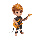 uma criança de 3 anos com cabelo castanho claro, olhos castanho e pele branca. ele está segurando uma guitarra branca no estilo da de james hatfield. e com muita atitude de roqueiro. 