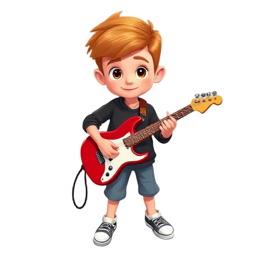 uma criança de 3 anos com cabelo castanho claro, olhos castanho e pele branca. ele está segurando uma guitarra branca no estilo da de james hatfield. e com muita atitude de roqueiro. 