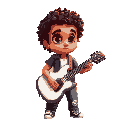 uma criança de 3 anos com cabelo castanho claro, olhos castanho e pele branca. ele está segurando uma guitarra branca no estilo da de james hatfield. e com muita atitude de roqueiro. 