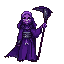 crie um personagem que pareça misteriosos, com a aparência de um deus do tempo, a estética dele deve ser inteiramente roxa e ele deve possuir uma foice, aparência meia distorcida e um capuz ou sobretudo
