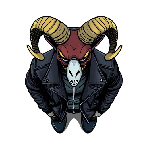 top down, bird's eye hotline miami style view of a character wearing a leather jacket and mask of a ram