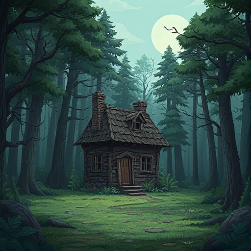 dilapidated cottage in the middle of a clearing in a dense spooky forest