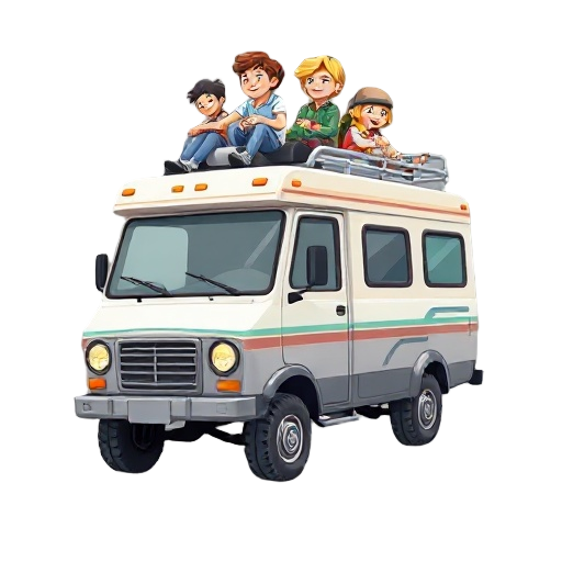 make the rv seems to move forward smoothly while slightly bouncing as if it is driving on a rough road, spin the wheels. the characters on top should shift their weight as the vehicle moves, leaning slightly in different directions to maintain balance. th
