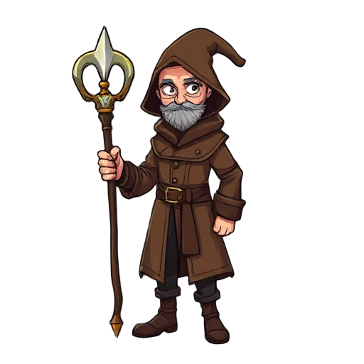 a mage wearing a brown coat handing a staff