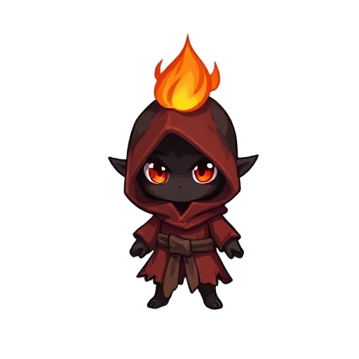 create a chibi-style sprite of a small fantasy character. the character’s body is made of charcoal or ember, with a slightly burnt, dark texture. it wears a reddish, scorched robe that looks tattered and worn. a small flame flickers on top of its head, li
