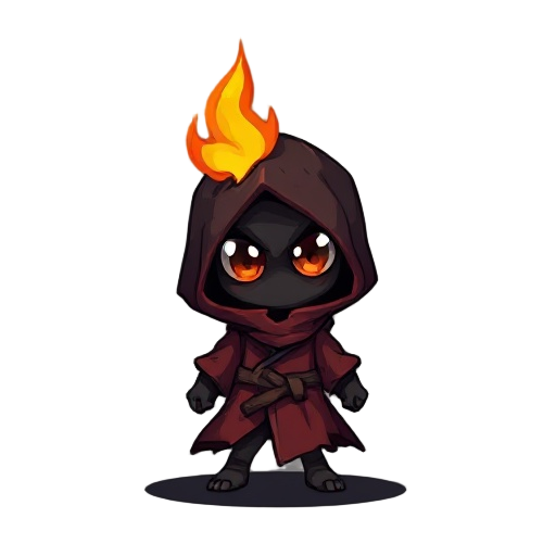 create a chibi-style sprite of a small fantasy character. the character’s body is made of charcoal or ember, with a slightly burnt, dark texture. it wears a reddish, scorched robe that looks tattered and worn. a small flame flickers on top of its head, li