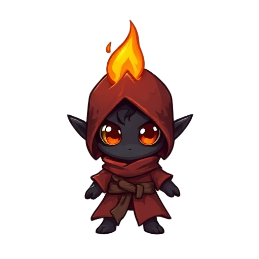 create a chibi-style sprite of a small fantasy character. the character’s body is made of charcoal or ember, with a slightly burnt, dark texture. it wears a reddish, scorched robe that looks tattered and worn. a small flame flickers on top of its head, li