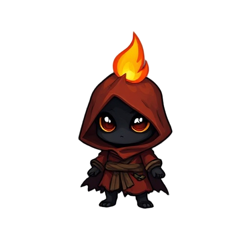 create a chibi-style sprite of a small fantasy character. the character’s body is made of charcoal or ember, with a slightly burnt, dark texture. it wears a reddish, scorched robe that looks tattered and worn. a small flame flickers on top of its head, li