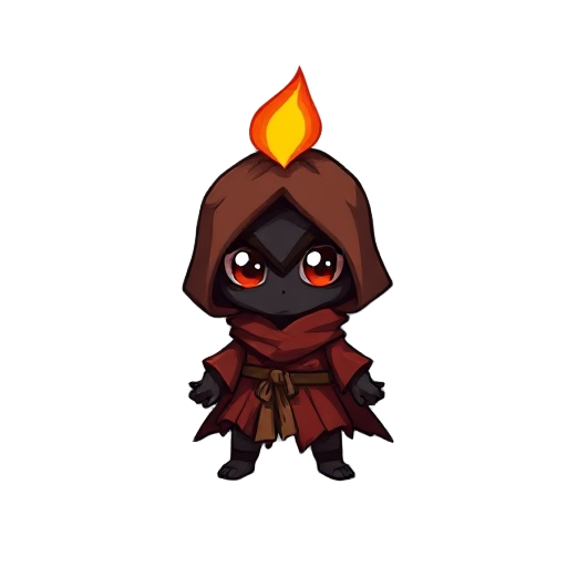 create a chibi-style sprite of a small fantasy character. the character’s body is made of charcoal or ember, with a slightly burnt, dark texture. it wears a reddish, scorched robe that looks tattered and worn. a small flame flickers on top of its head, li