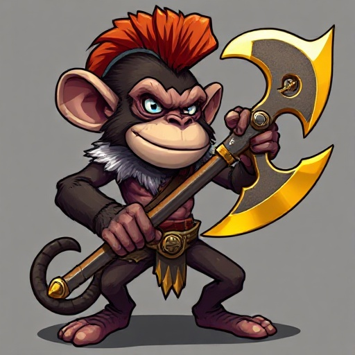 a gladiator monkey wielding a golden double-bladed axe with a titanium handle, he has a half-torn coat and scars on his body 
