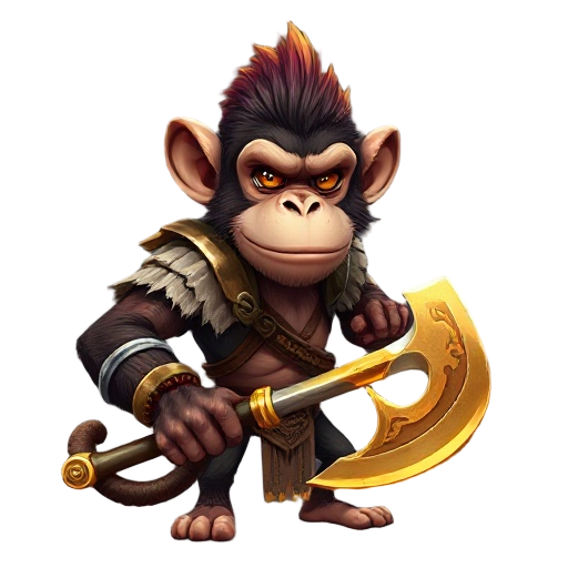 a gladiator monkey wielding a golden double-bladed axe with a titanium handle, he has a half-torn coat and scars on his body 