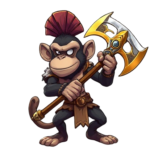 a gladiator monkey wielding a golden double-bladed axe with a titanium handle, he has a half-torn coat and scars on his body 