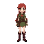 young female from medieval era, platform side scroller, retro style, celeste like, with red hair, green clothes and wine boots