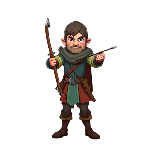 cazador con arco y flechas de época medieval. su ropa es de color celeste y marrón.