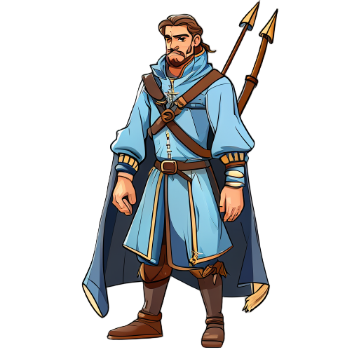 cazador con arco y flechas de época medieval. su ropa es de color celeste y marrón.