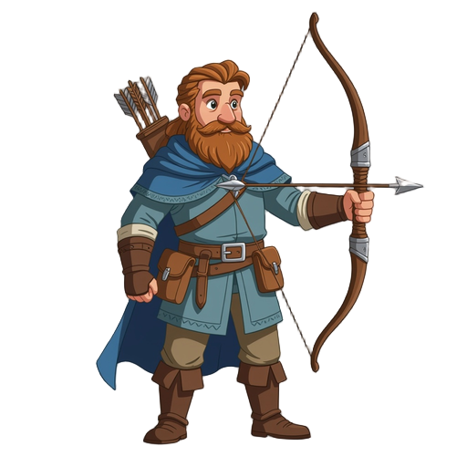 cazador con arco y flechas de época medieval. su ropa es de color celeste y marrón.